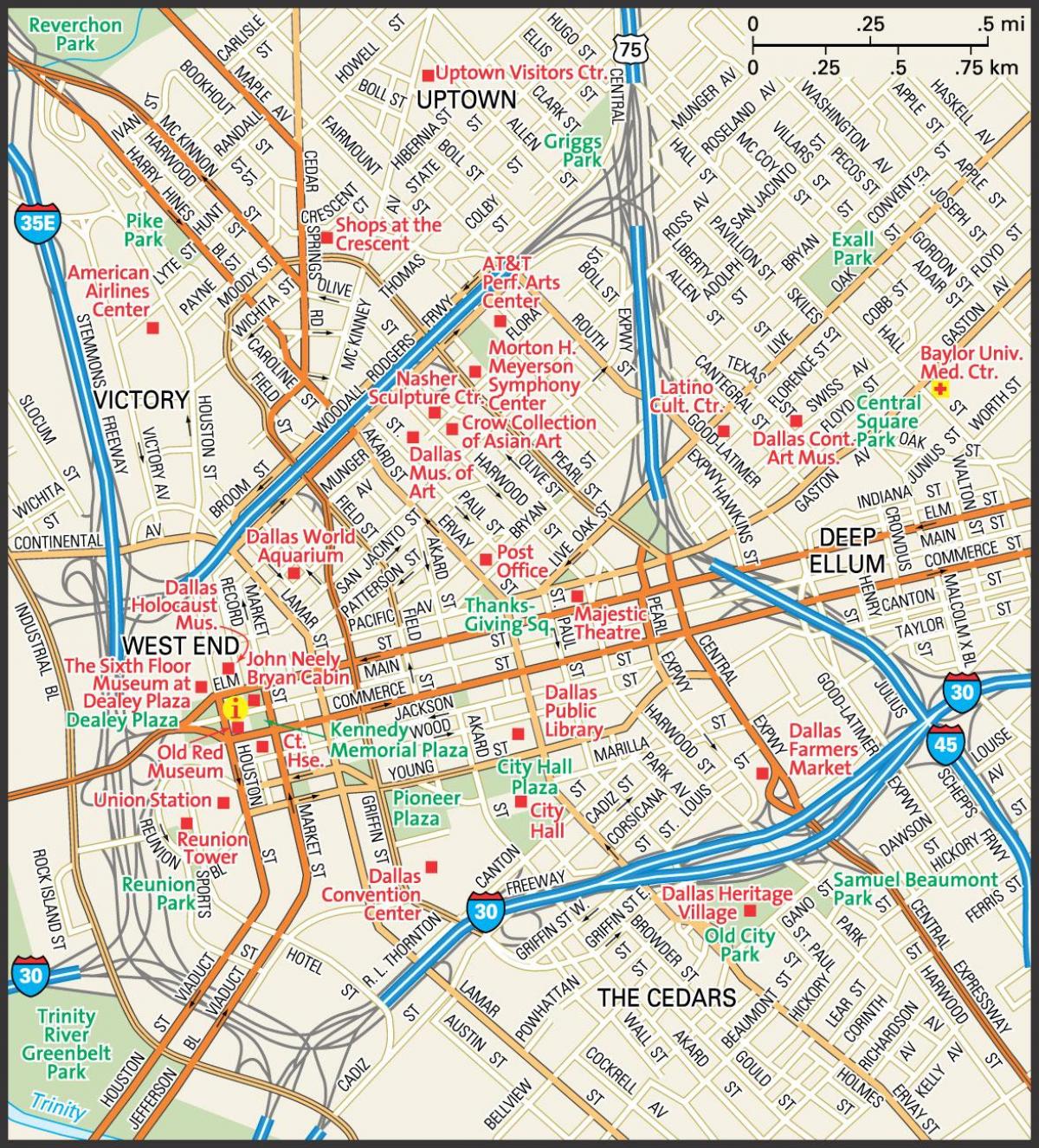 χάρτης από το κέντρο του Ντάλας δρόμους
